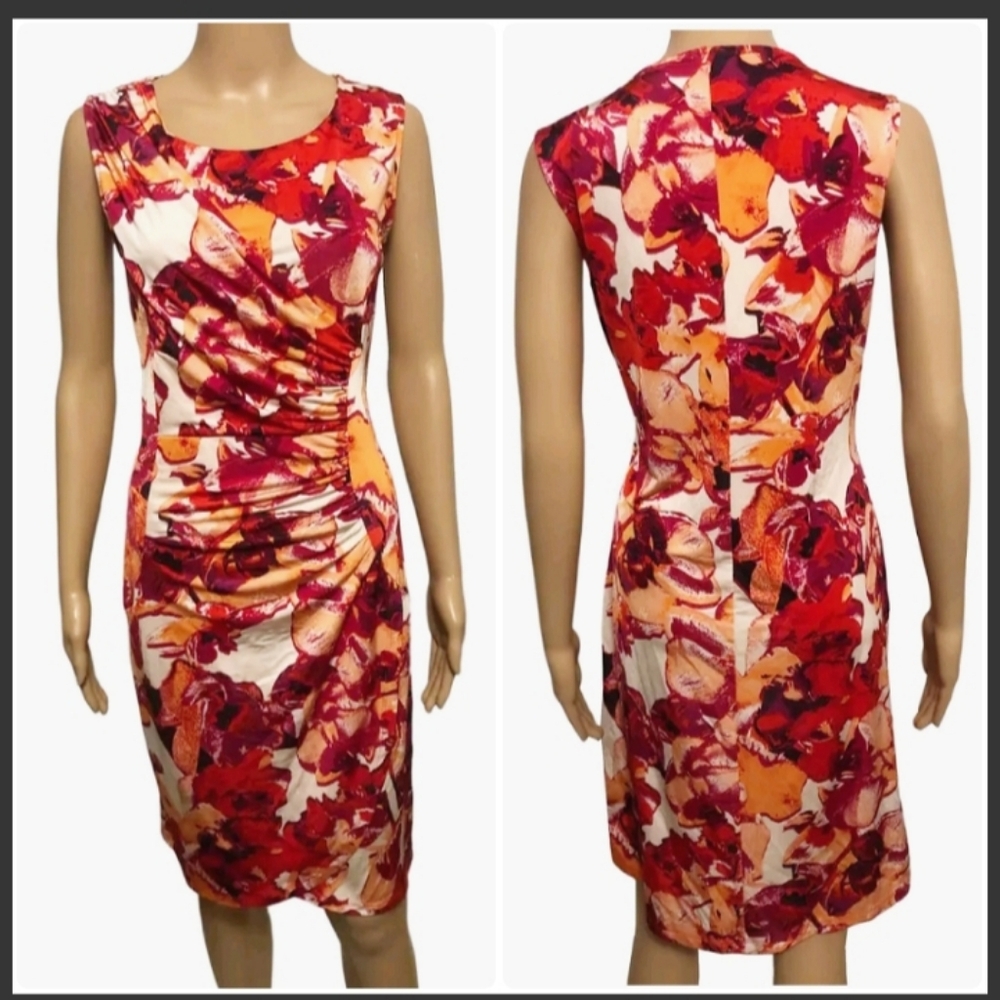 Dana Buchman Pullover Sheath Dress (Sz Large) Floral Sleeveless Ruched Stretch